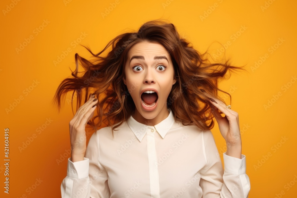 Screaming young woman standing isolated yellow background, Winner concept.