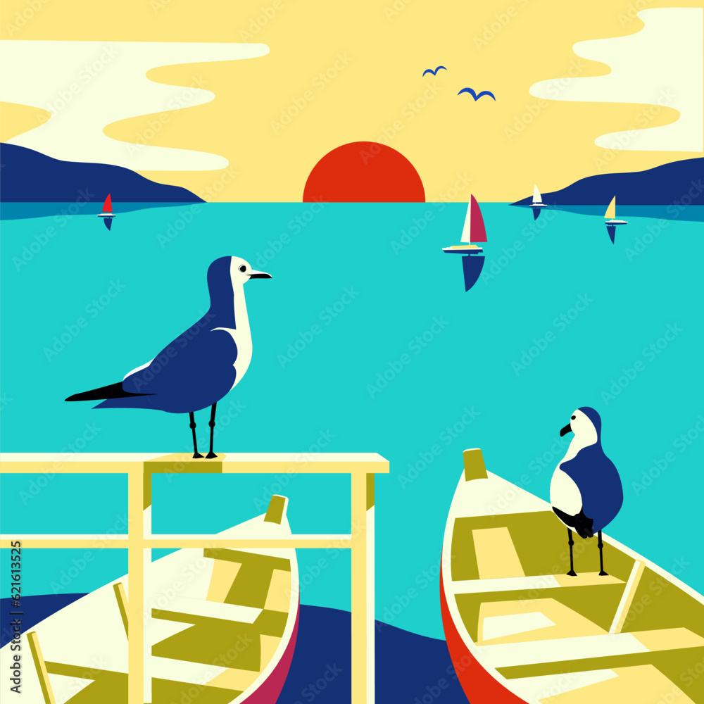 Sailboats and seagulls on sea coast pier vector seascape illustration. Seaside holiday vacation trav