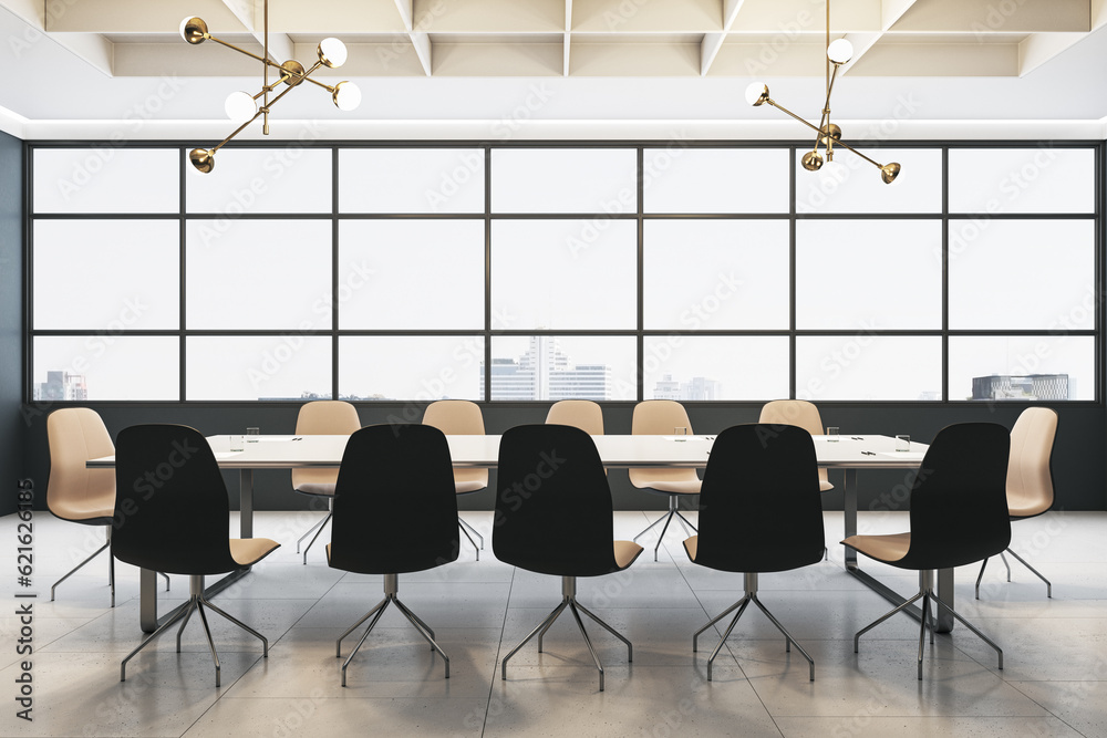 Front view of modern meeting room with tile floor and window with city view on background. 3D Render