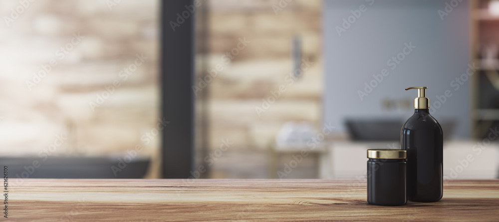 Front view of empty wooden countertop in bathroom interior with blurred background and black bathroo