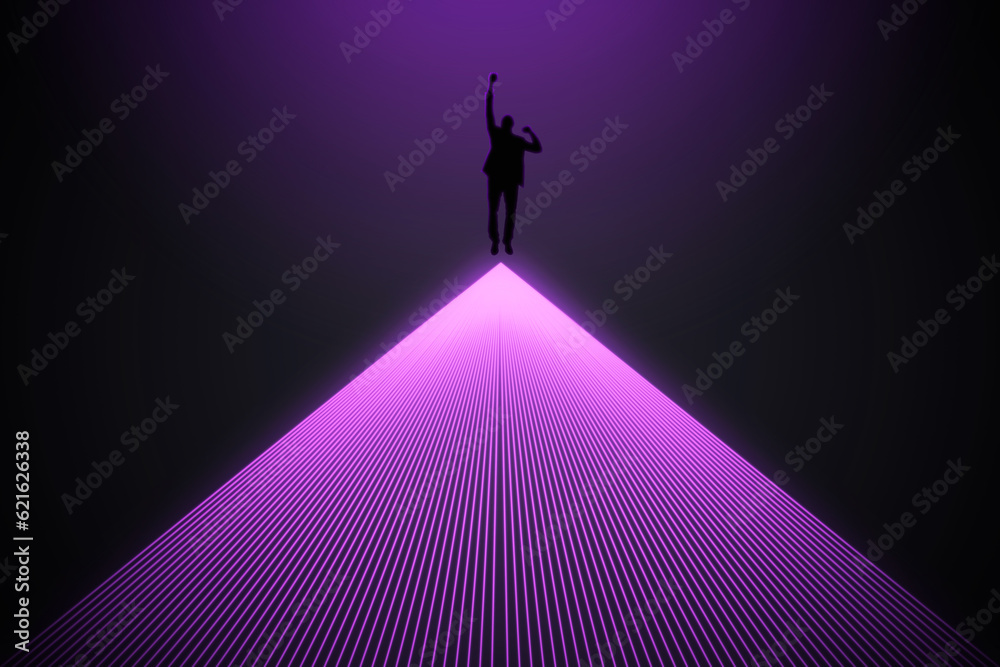 Conceptual image of businessman silhouette on bright purple lines background. Success, metaverse and