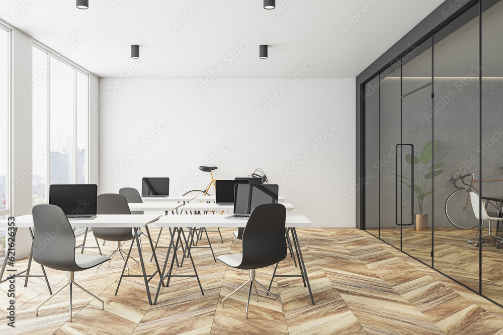 Back view on white work place table and dark chairs on wooden floor in minimalistic interior design 