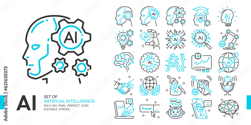 AI Artificial intelligence blue line icon set with cybernetic, machine learning, robotic, AI solving