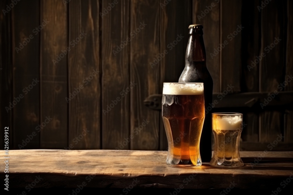 Beer glass and bottle. Illustration AI Generative.