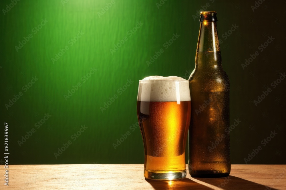 Beer glass and bottle. Illustration AI Generative.