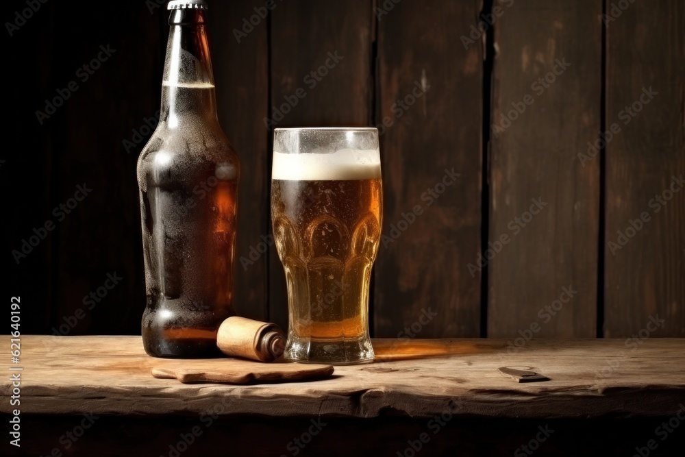 Beer glass and bottle. Illustration AI Generative.