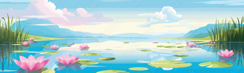 A serene lake with lily pads vector simple 3d isolated illustration