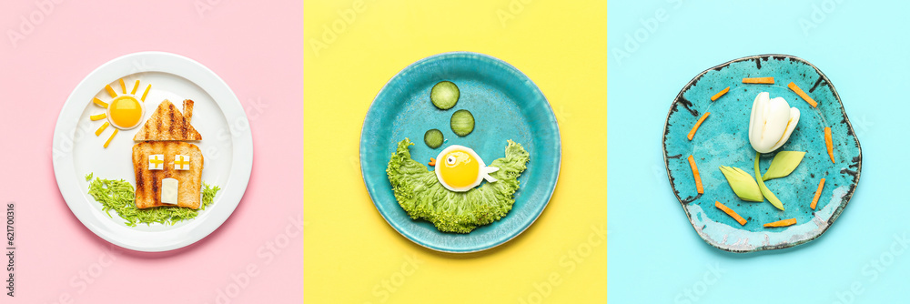 Collage of funny food for kids on color background, top view