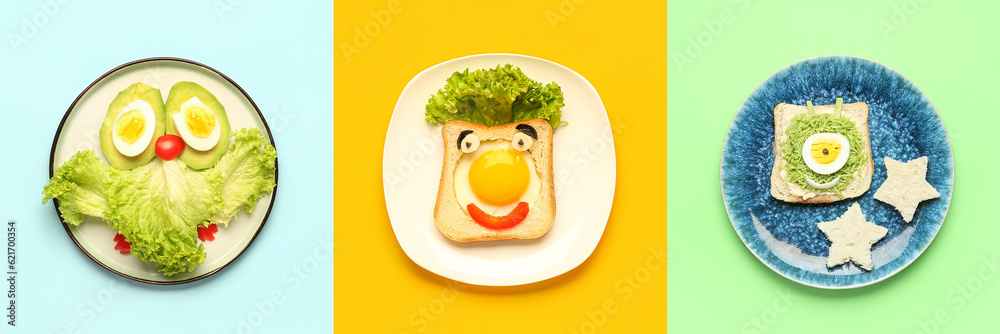 Collage of funny food for kids on color background, top view