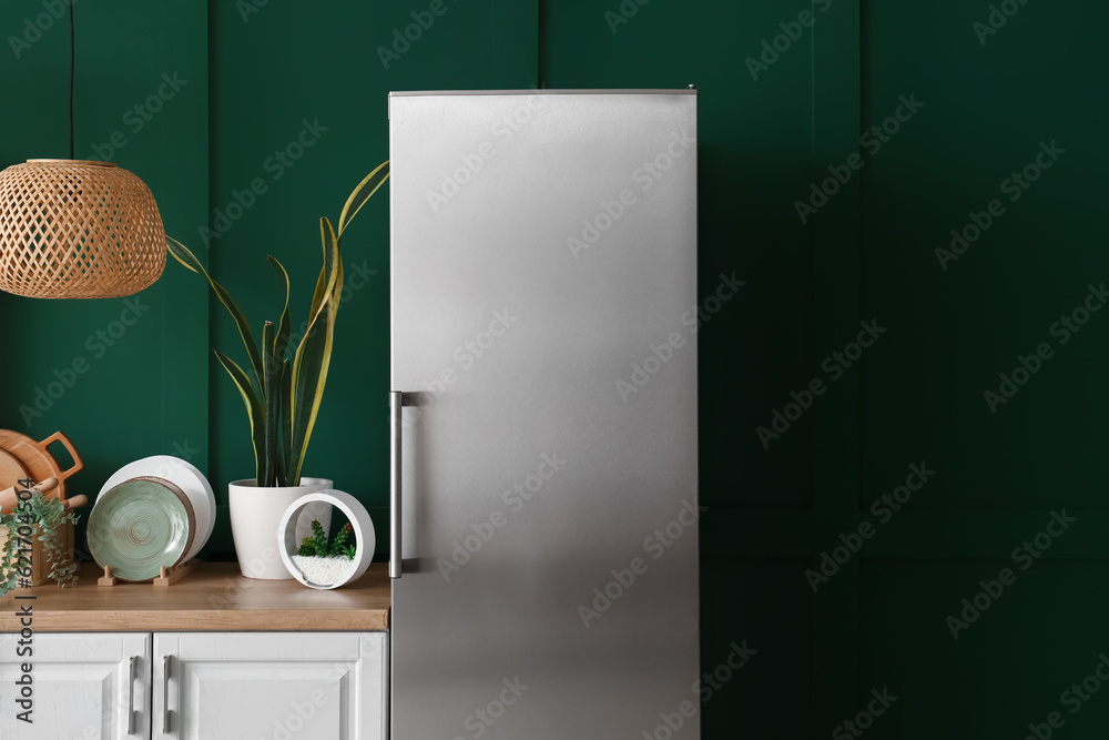 Interior of kitchen with stylish fridge, counters, houseplant and lamp