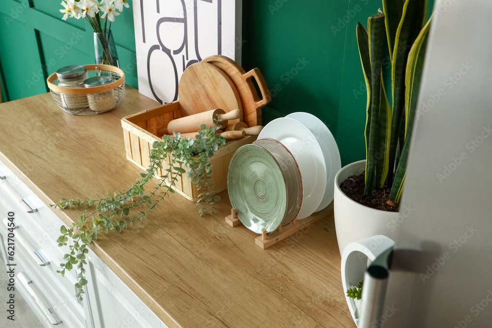 Interior of kitchen with stylish counters and utensils, closeup