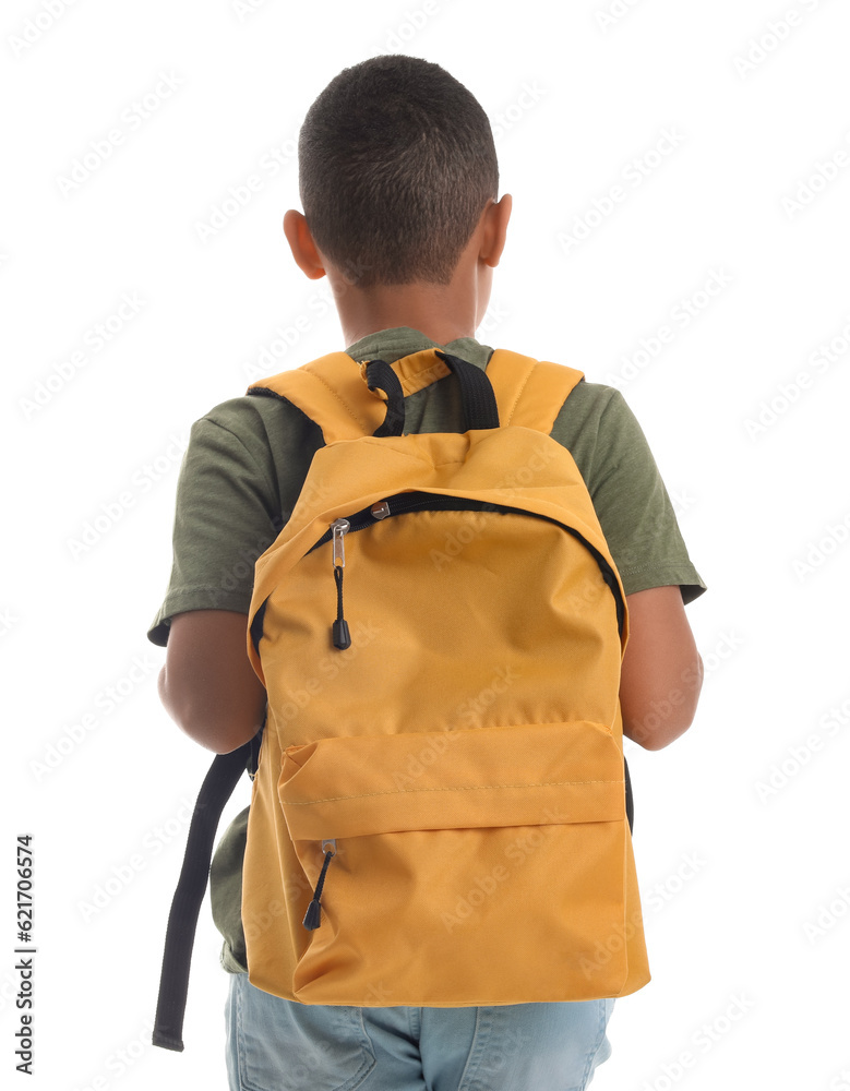 Little African-American schoolboy with backpack on white background, back view