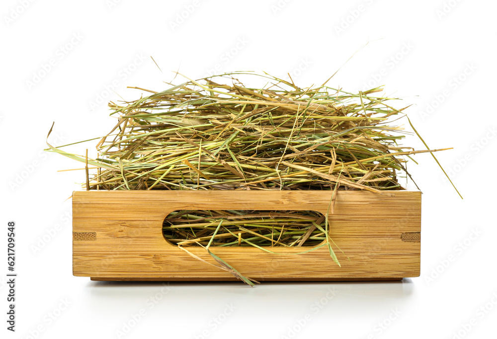 Straw in crate on white background