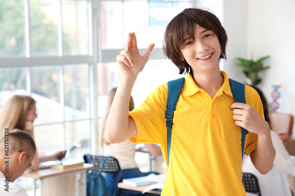 Male student saluting in classroom