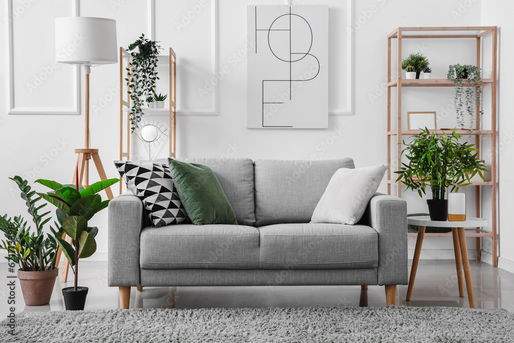 Interior of light living room with cozy grey sofa and green houseplants