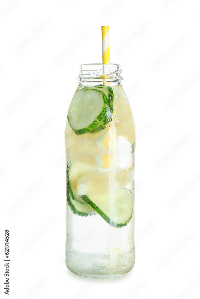 Bottle of lemonade with cucumber on white background