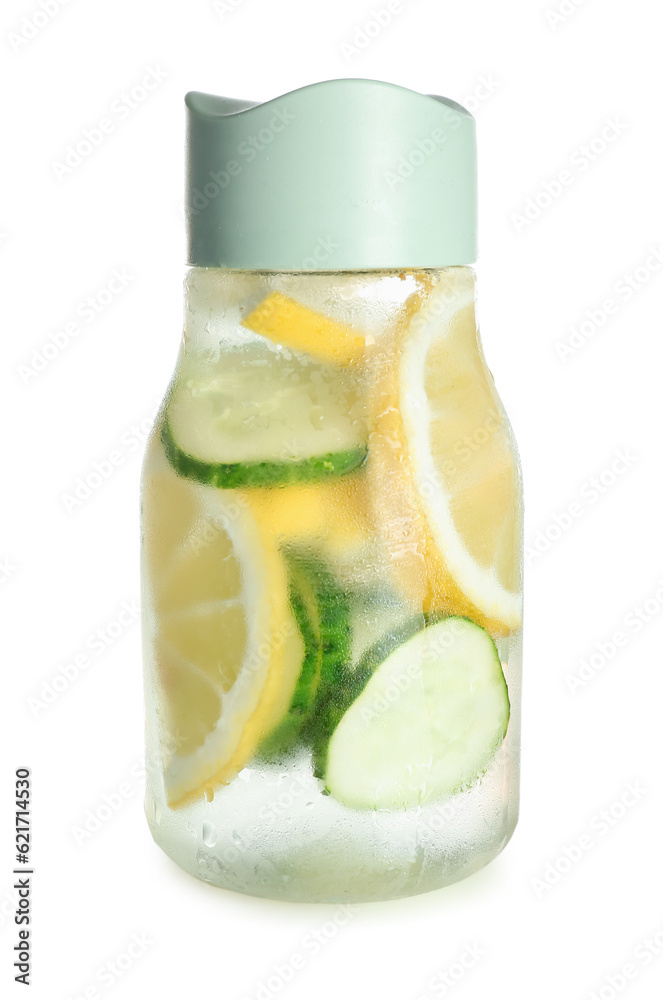 Sports bottle of lemonade with cucumber on white background