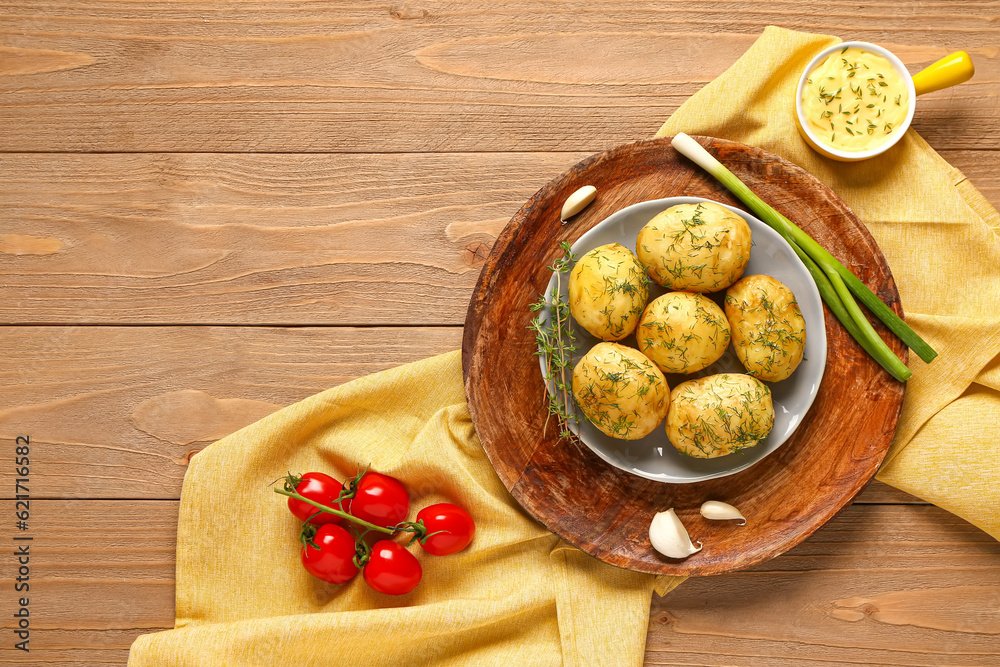 Plate of boiled baby potatoes with dill and green onion on wooden background