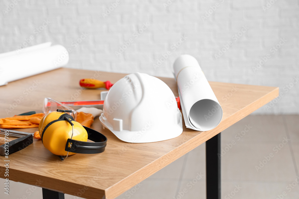 Builders supplies on table in room, closeup