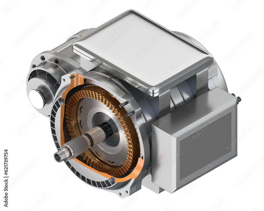 Isometric Cutaway view of Single Electric Vehicle Motor on white background. Generic design. 3D rend