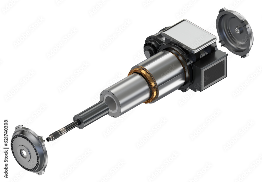 Isometric exploded view of Single Electric Vehicle Motor on white background. Generic design. 3D ren