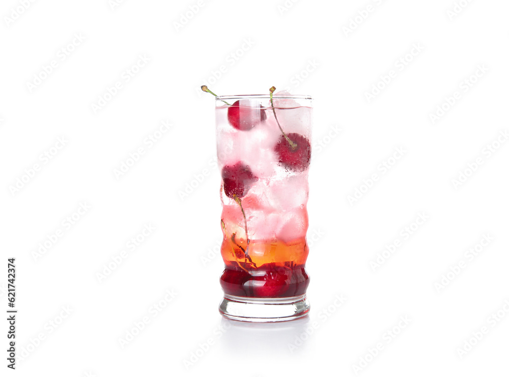 Glass of tasty cherry lemonade on white background