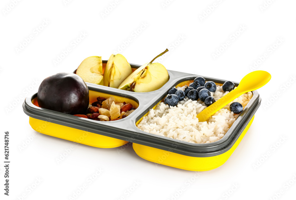 Lunchbox with tasty food isolated on white background