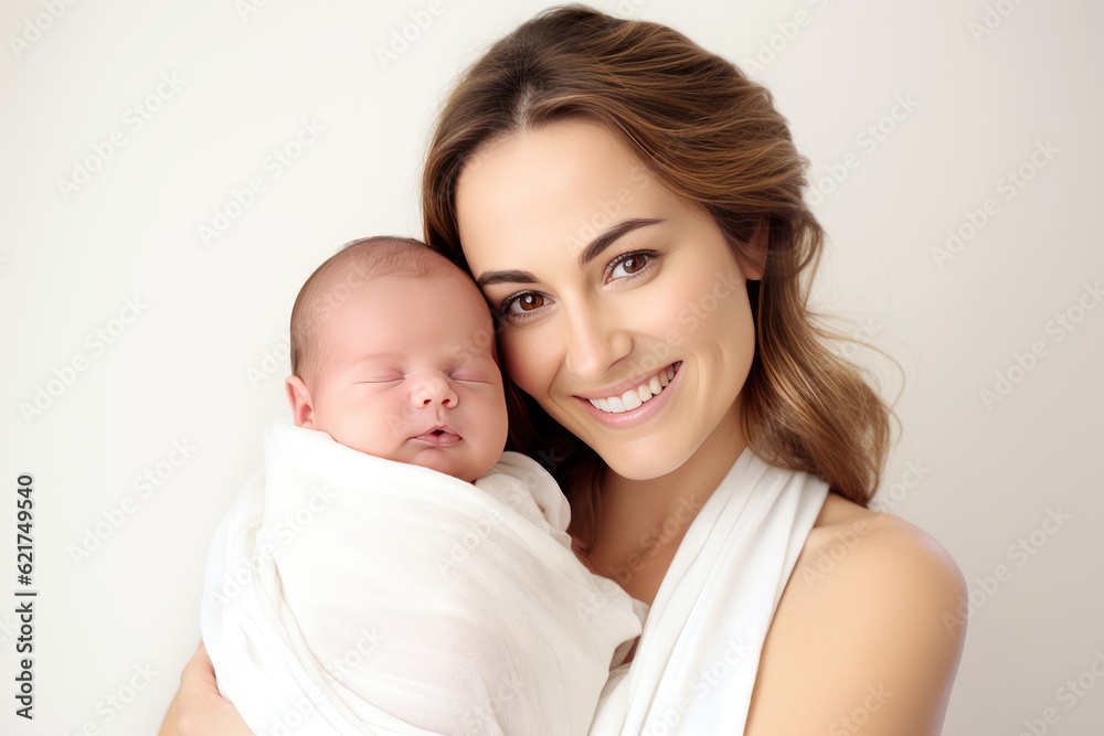 Young mother lovingly cradles her newborn baby in her arms