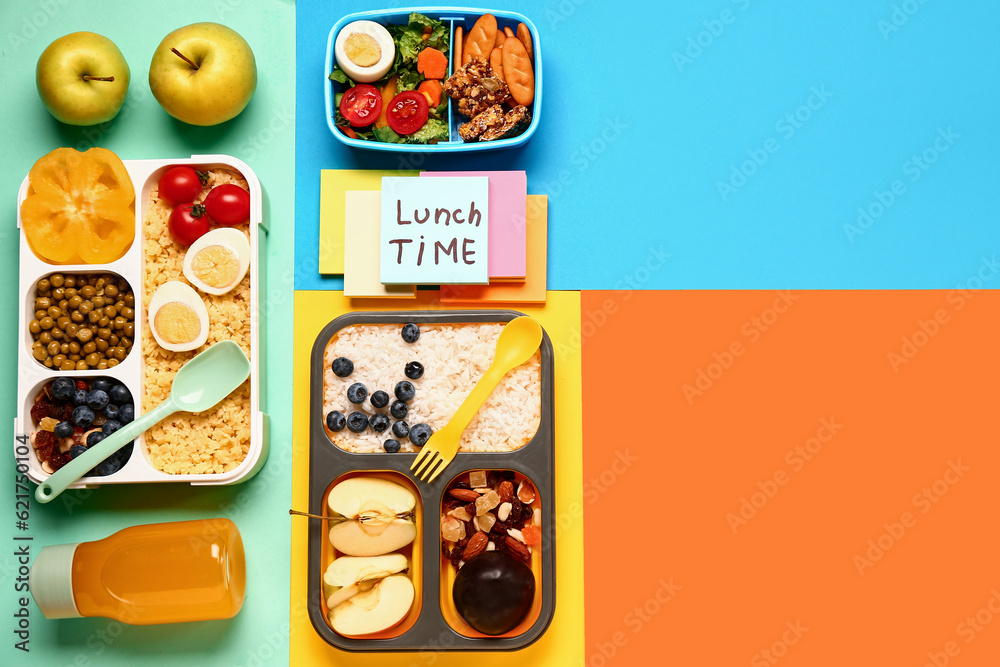 Different tasty food in lunchboxes and sticky notes with text LUNCH TIME on color background