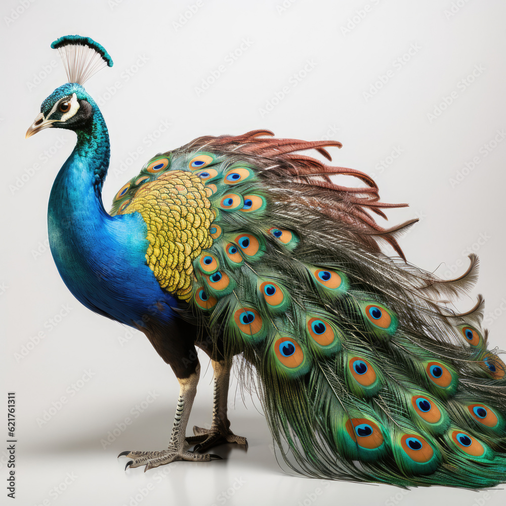 A majestic Peacock (Pavo cristatus) showing off its vibrant tail.