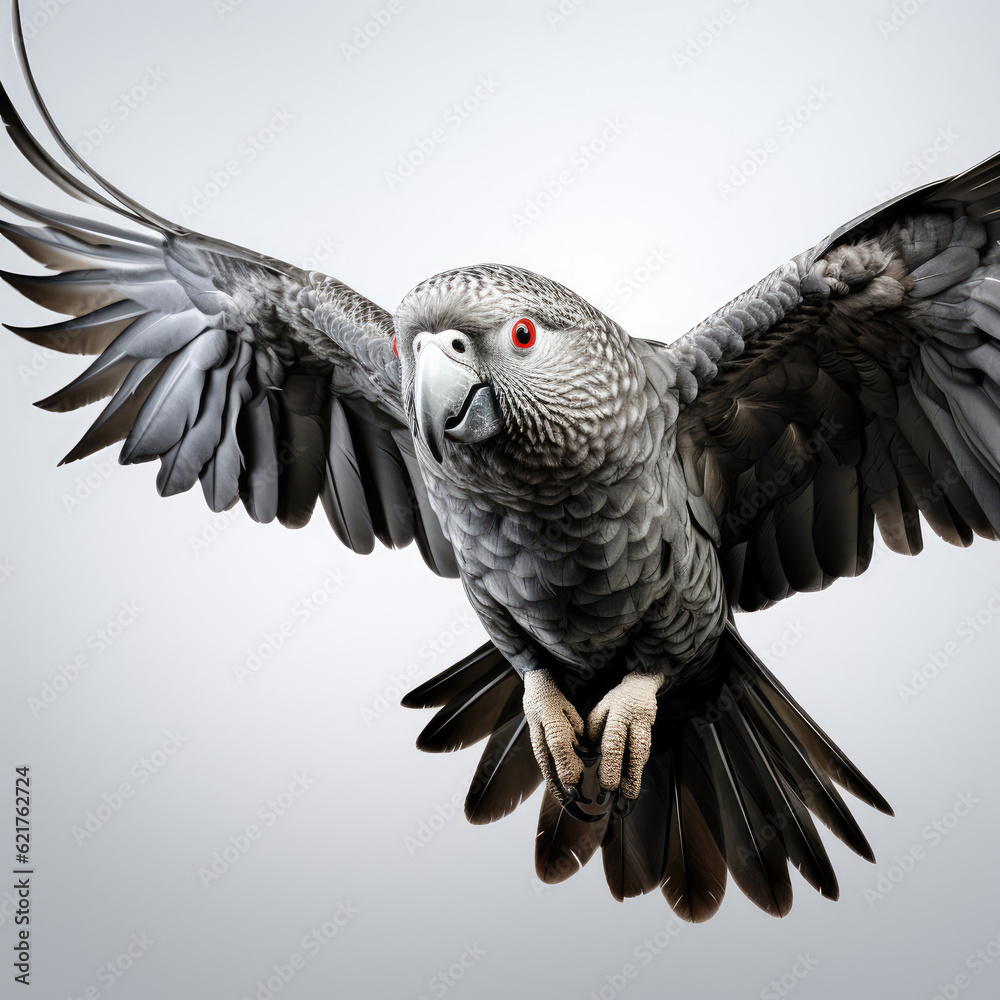 A fledgling African Grey Parrot (Psittacus erithacus) learning to fly.