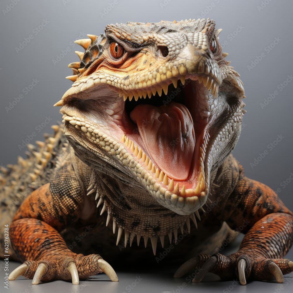 A powerful closeup shot of a monitor lizard displaying its formidable teeth and reptilian features.