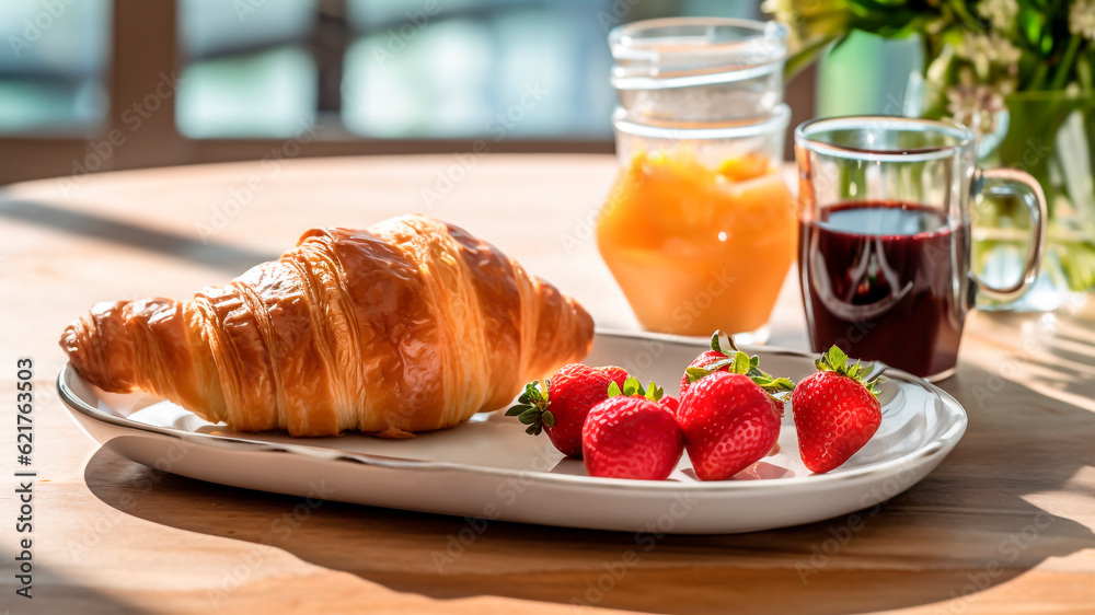 A traditional French breakfast with coffee, croissant, juice and strawberry on wooden table.