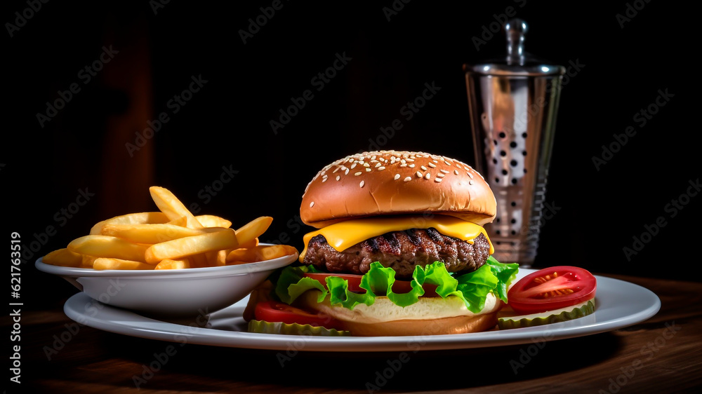 Cheese burger - American cheese burger with Golden French fries on wooden table.