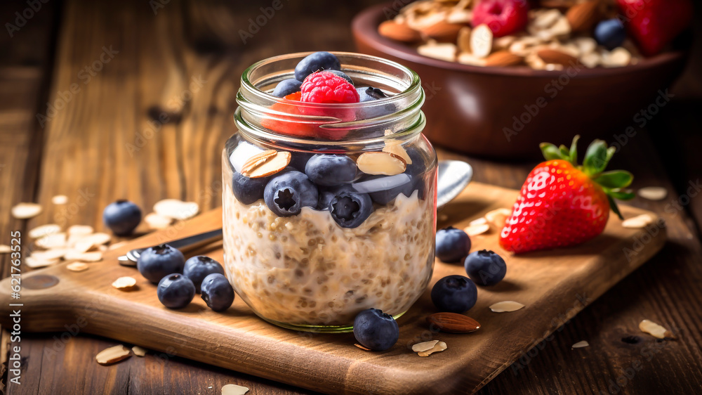 Oatmeal with fresh berries in a glass jar on a wooden table.