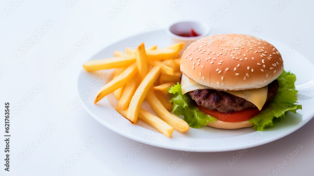 Hamburger and french fries on white background.