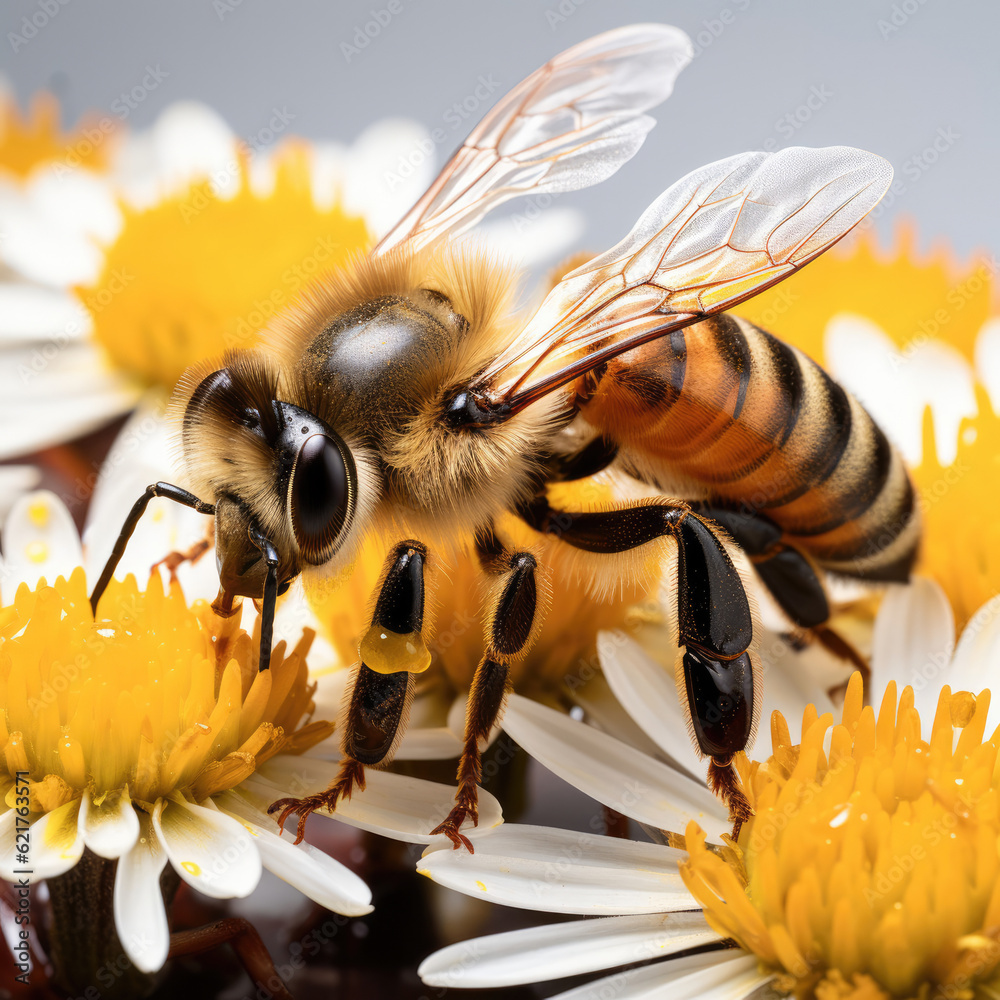 A macro shot of a busy honey bee (Apis mellifera) collecting nectar from a flower.