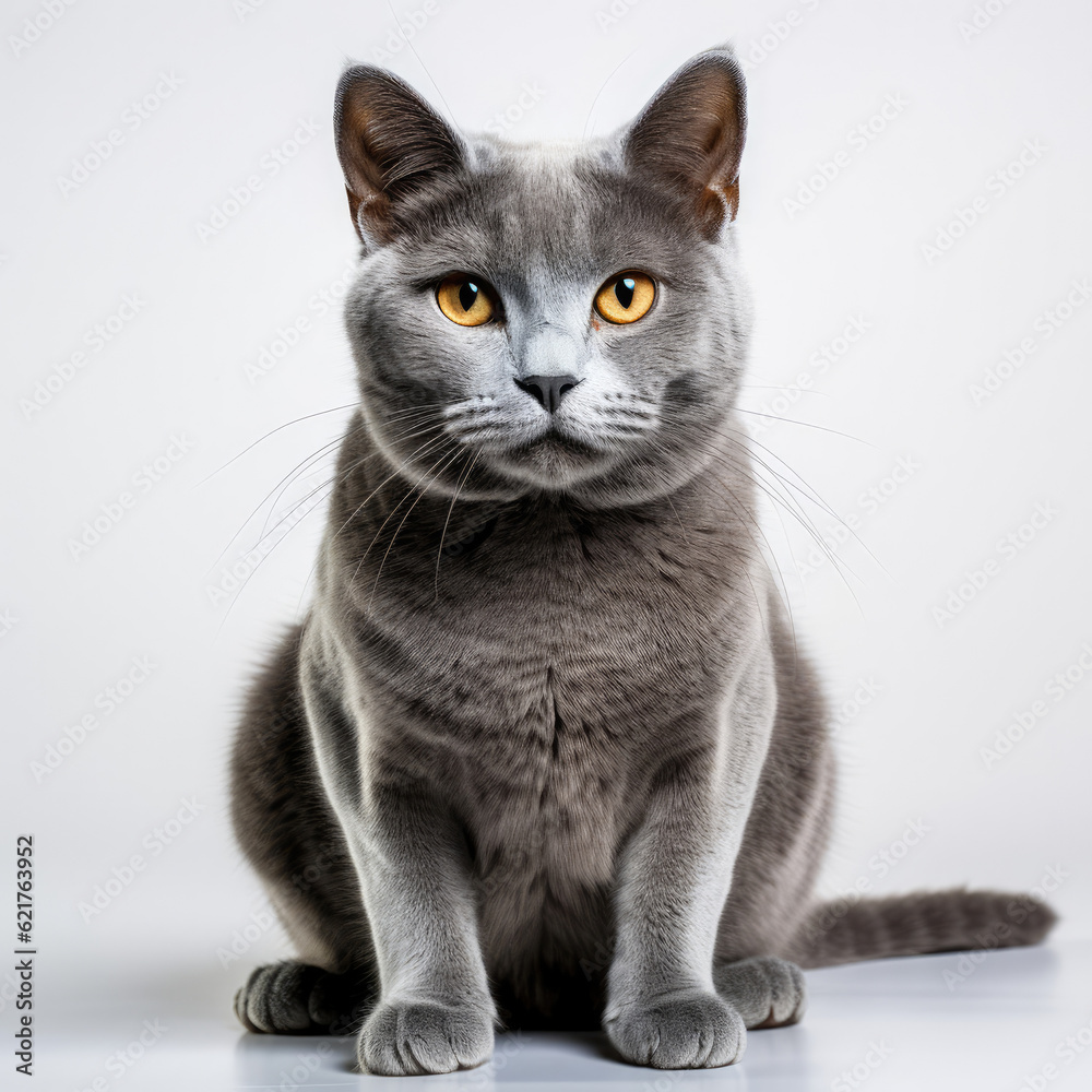 A Russian Blue cat (Felis catus) showcasing its dichromatic eyes.