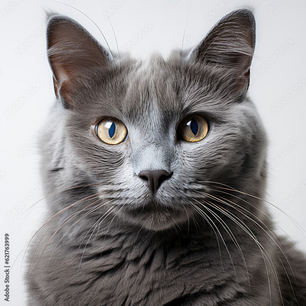 A Russian Blue cat (Felis catus) showcasing its dichromatic eyes.