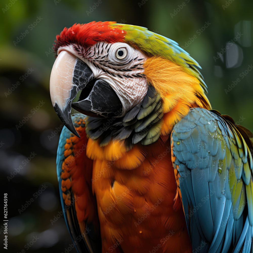 A vibrant macaw (Ara macao) perched on a branch in its lush rainforest habitat.