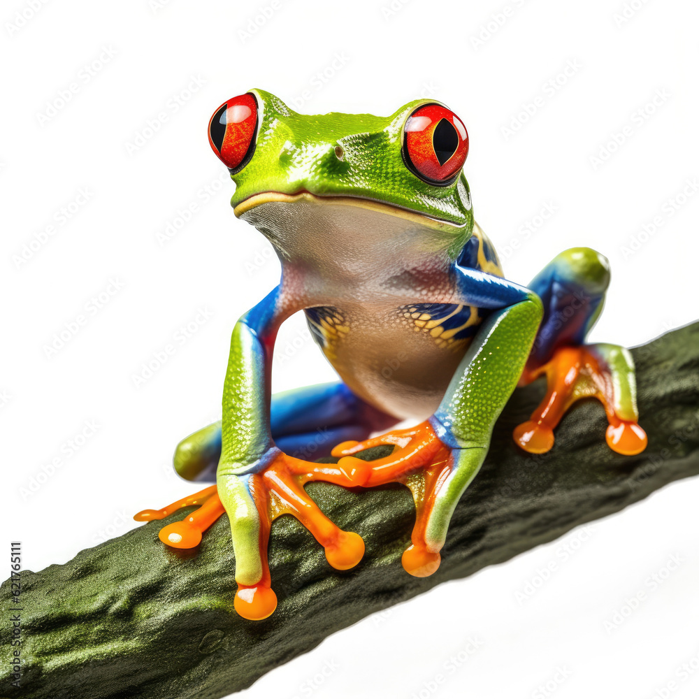 A vibrant Red-Eyed Tree Frog (Agalychnis callidryas) perched on a branch.