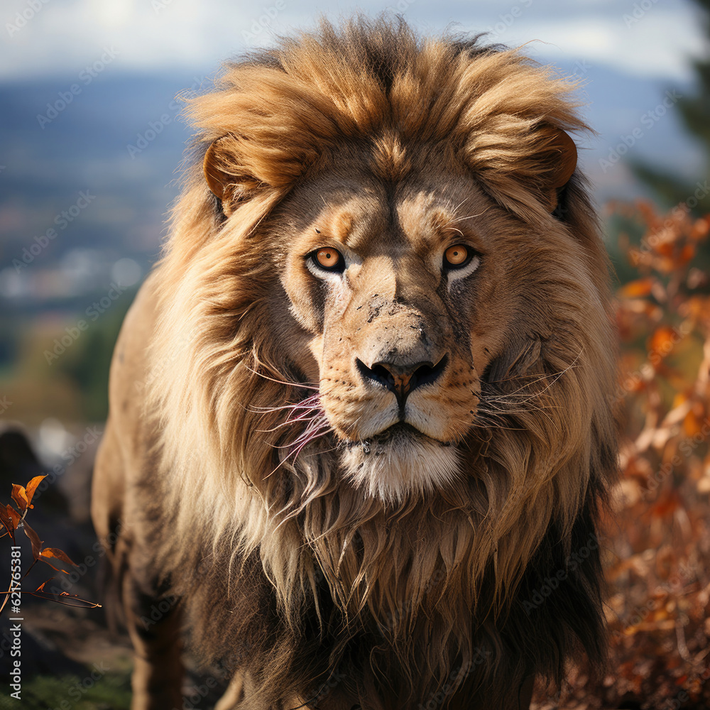 A majestic lion (Panthera leo) roaming the grassland with a commanding presence. Taken with a profes