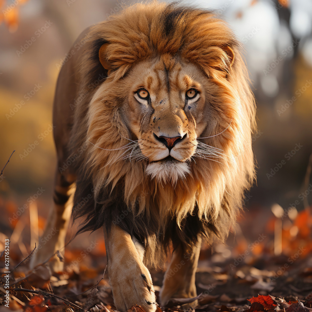 A majestic lion (Panthera leo) roaming the grassland with a commanding presence. Taken with a profes