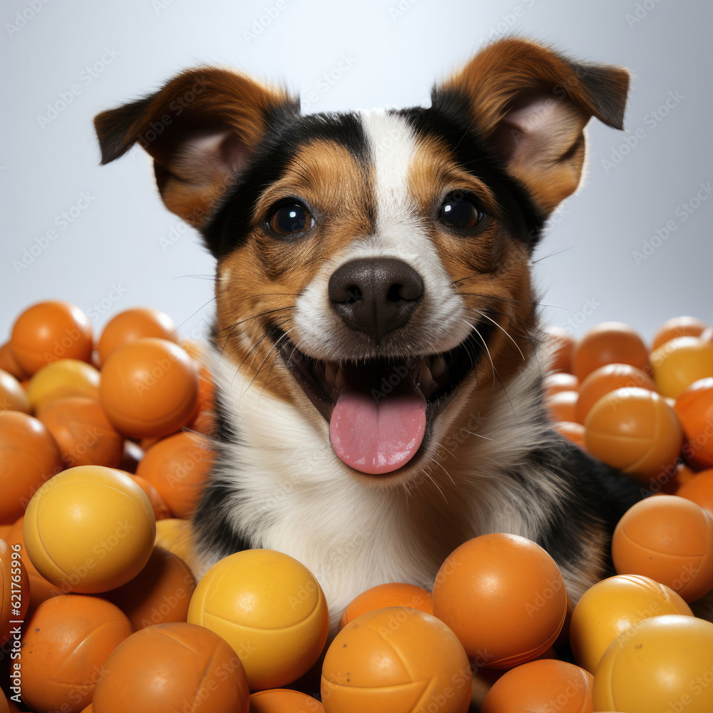 A cheerful Jack Russell puppy (Canis lupus familiaris) happily playing with a toy.