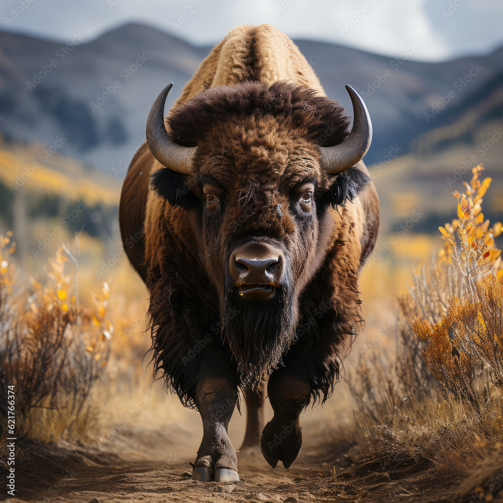 A majestic bison (Bison bison) roaming the grassland with an imposing presence. Taken with a profess