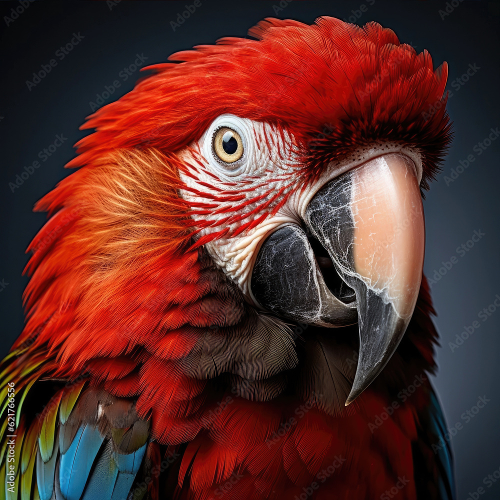 A vibrant closeup shot of a Scarlet Macaw (Ara macao) showcasing its high detail feathers and stunni