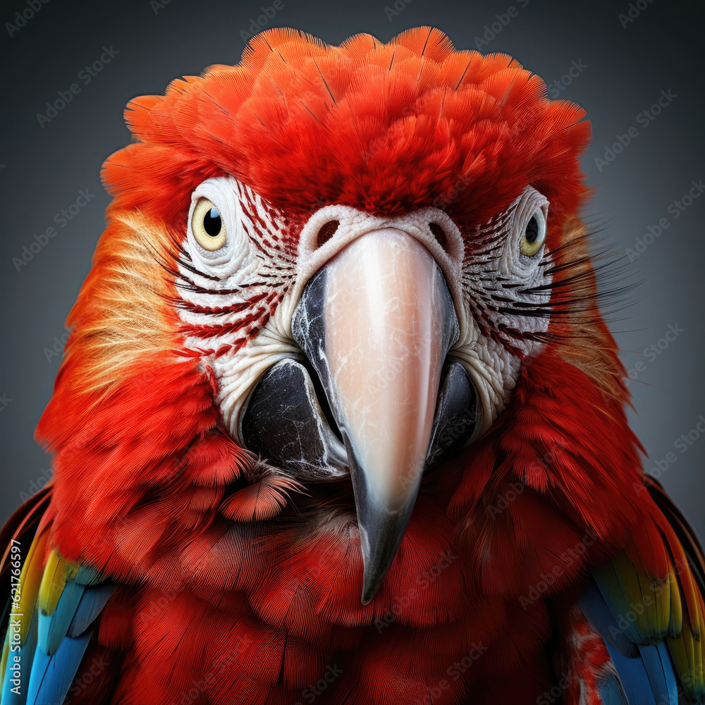 A vibrant closeup shot of a Scarlet Macaw (Ara macao) showcasing its high detail feathers and stunni