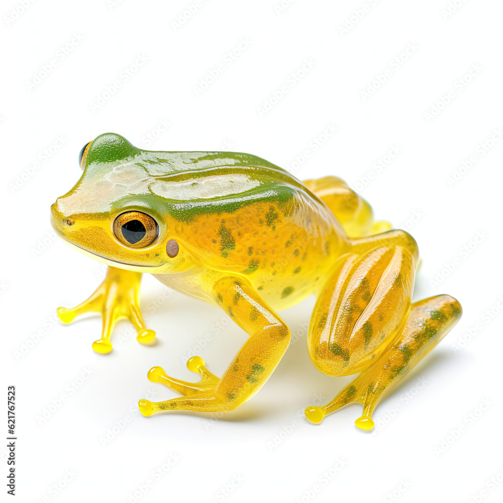 A glossy Glass Frog (Centrolenidae) in a reflective pose.