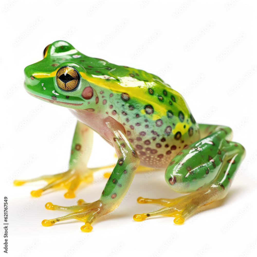 A glossy Glass Frog (Centrolenidae) in a reflective pose.