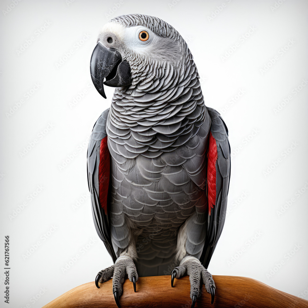 An exotic African Grey Parrot (Psittacus erithacus) perched majestically.